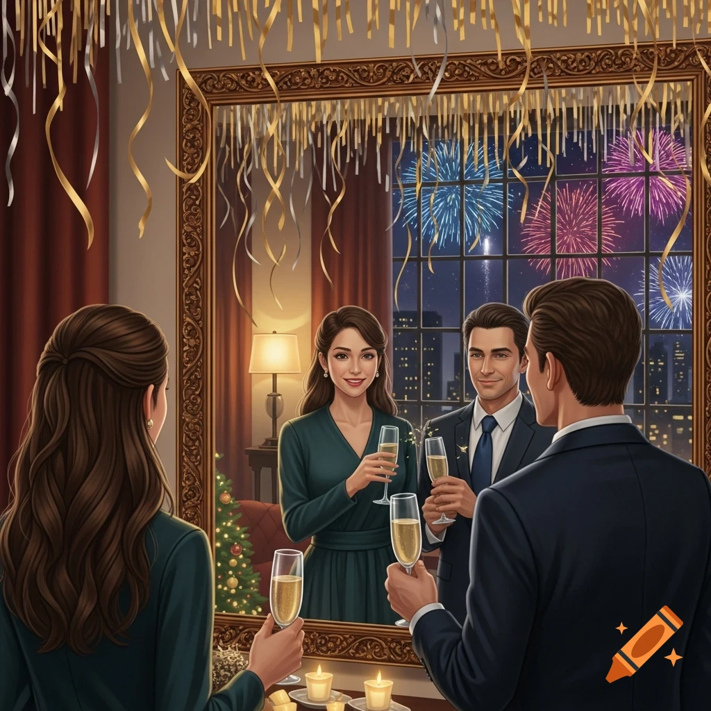 A couple in formal attire toast with champagne in a festive room with a mirror reflecting them and fireworks outside.