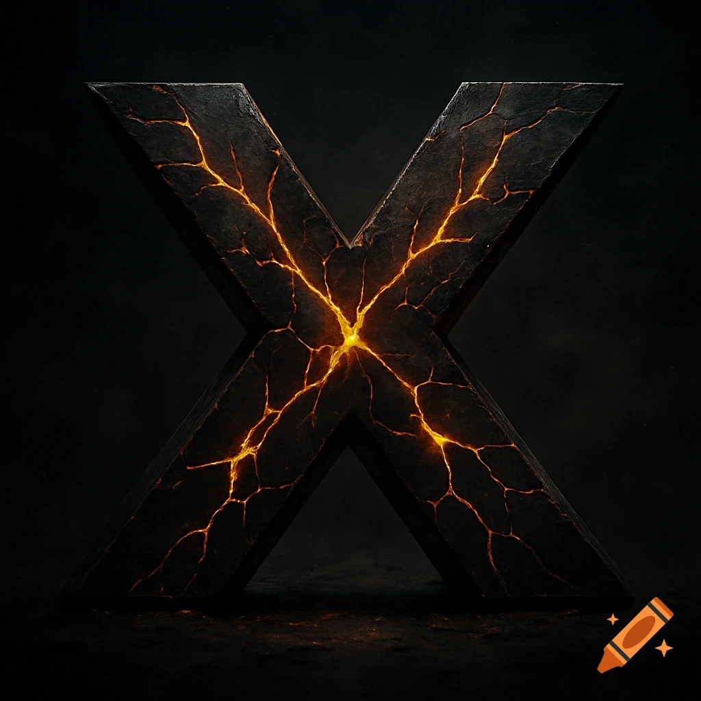 A dark, cracked metallic letter 'X' with glowing orange energy veins emanating from its center, set against a minimal black background.