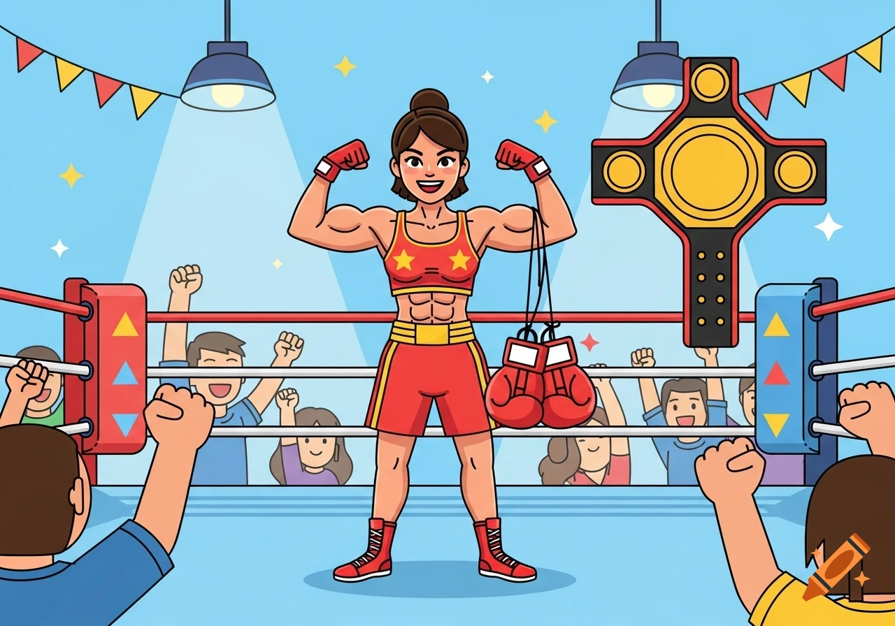 A female boxing champion flexing her biceps in a boxing ring, holding red gloves, with a crowd cheering and a championship belt behind her, in a simple cartoon style.