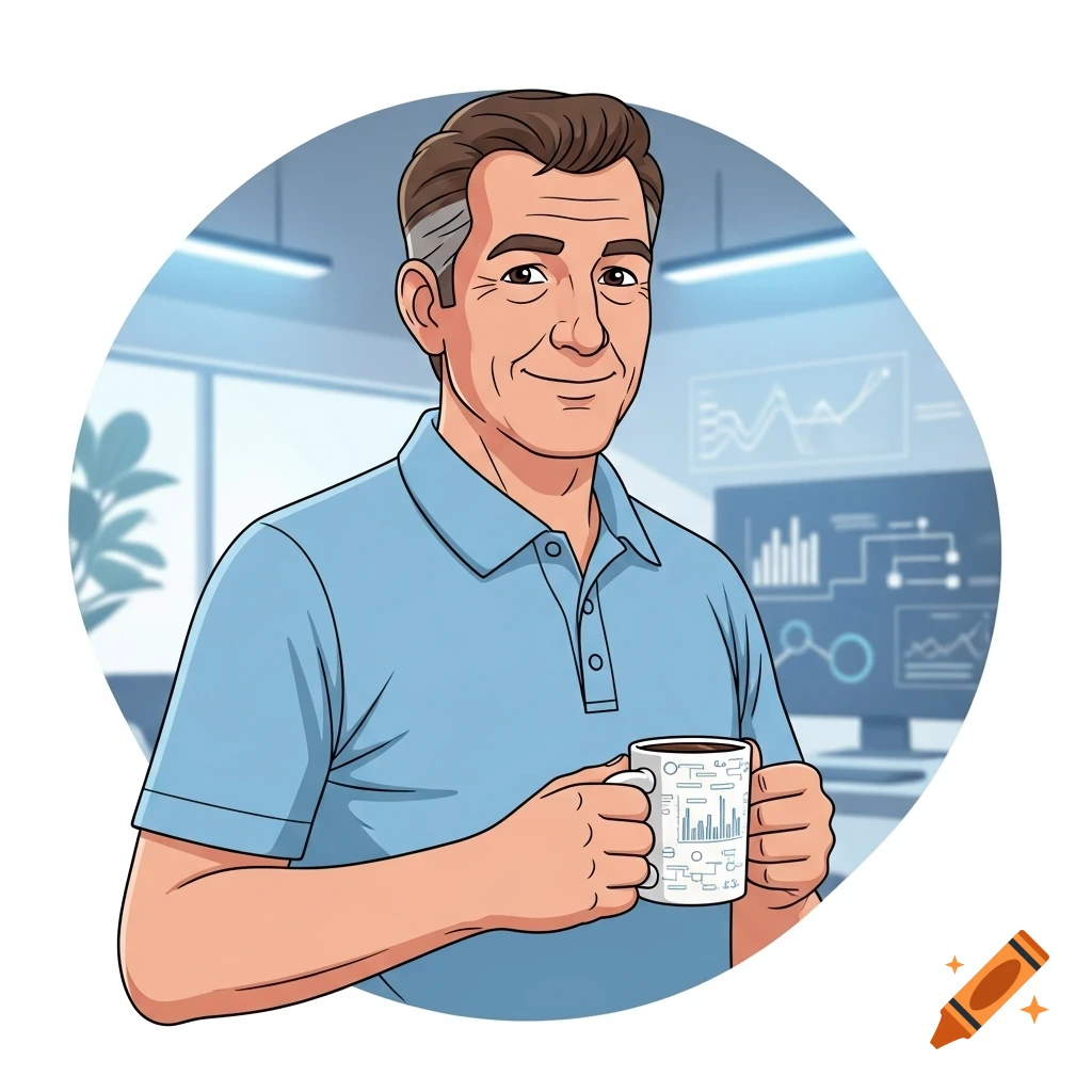 Friendly cartoon avatar of a seasoned male professional in a blue polo, holding a coffee mug with a data pattern, in an office.
