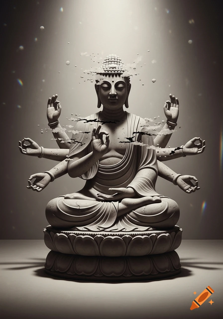 A multi-armed Buddha-like statue in a meditative pose, made of weathered stone with parts dissolving into ethereal mist and light. Soft, diffuse lighting with subtle background distortions.