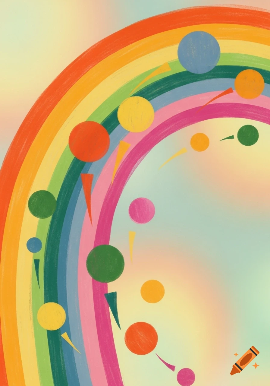 A colorful retro-style illustration of a winding rainbow with various sized circles and small triangular shapes flying around it.