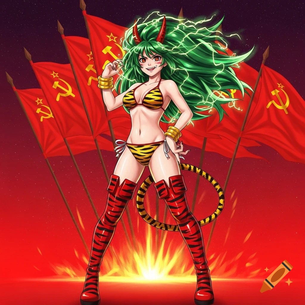 Anime character Lum in a tiger-striped bikini and boots, with green hair, red horns, and a tail, stands before communist flags.