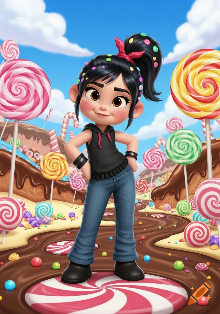 Vanellope von Schweetz in jeans and a black hoodie, posing in a colorful candy land with lollipops and chocolate.