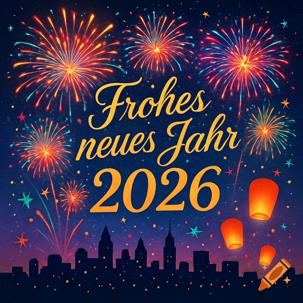 Vibrant New Year's greeting card with 'Frohes neues Jahr 2026' text, colorful fireworks over a city skyline.
