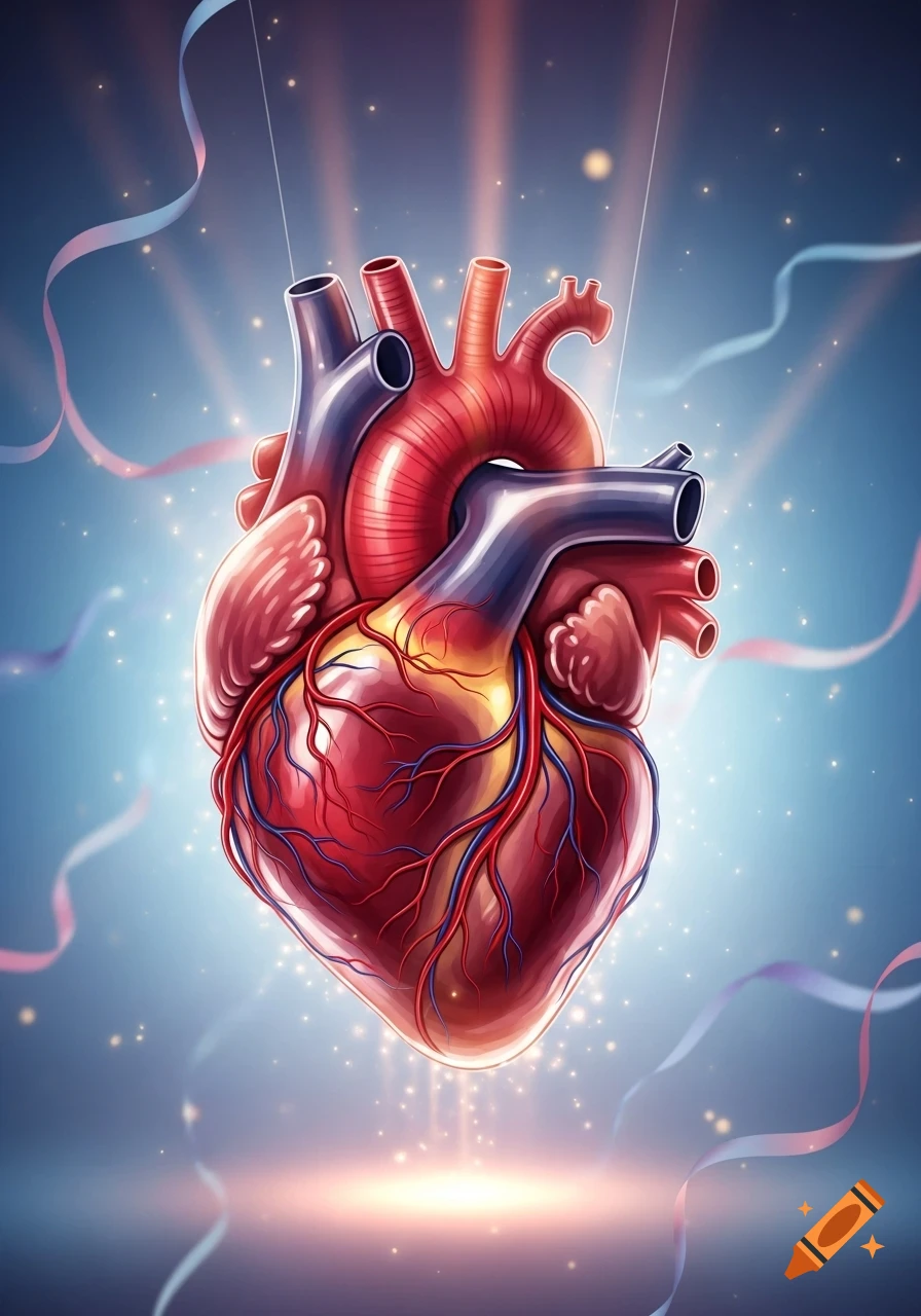 A vibrant, stylized illustration of a human heart with red arteries and blue veins, glowing against a light blue background with sparkles and ribbons.