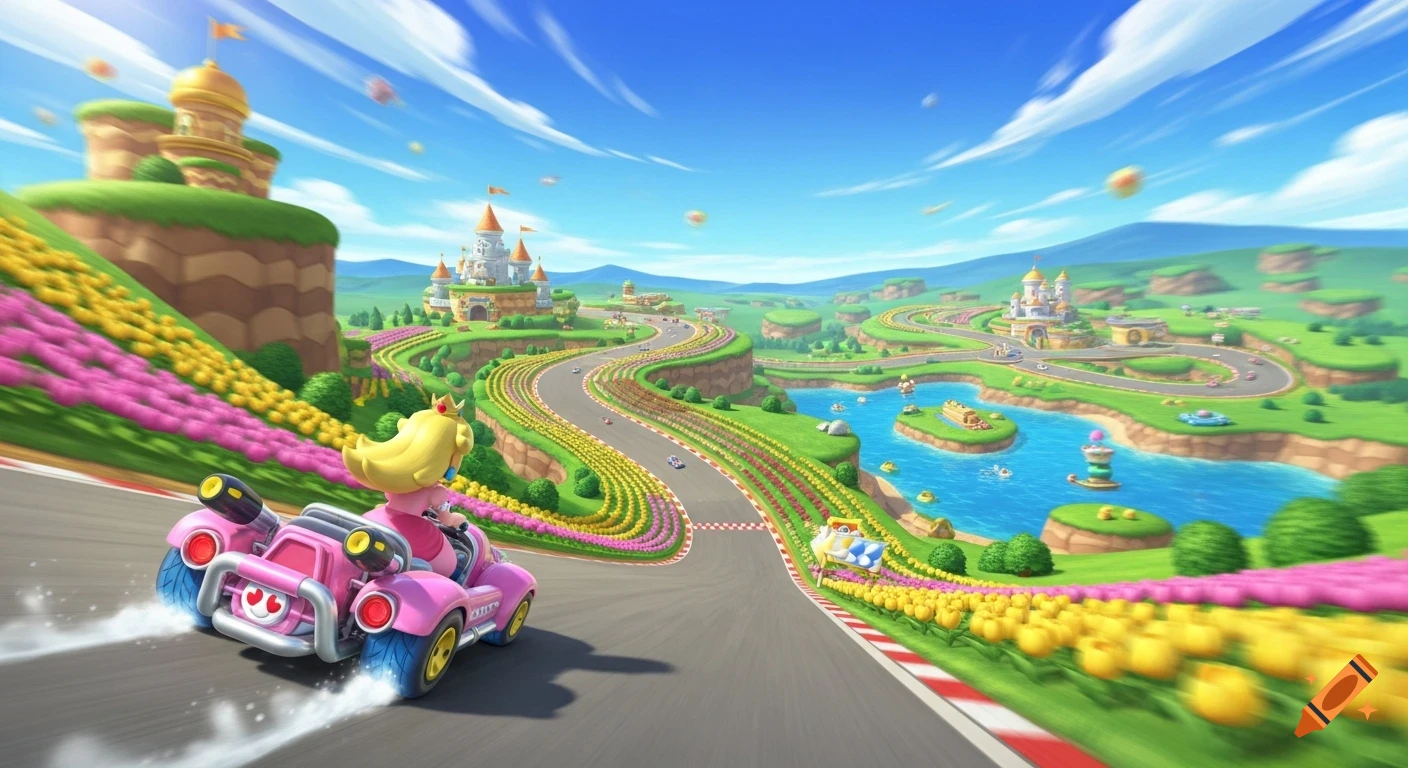 Princess Peach races in her pink kart on a vibrant track surrounded by colorful flower fields and castles under a blue sky, with motion blur.