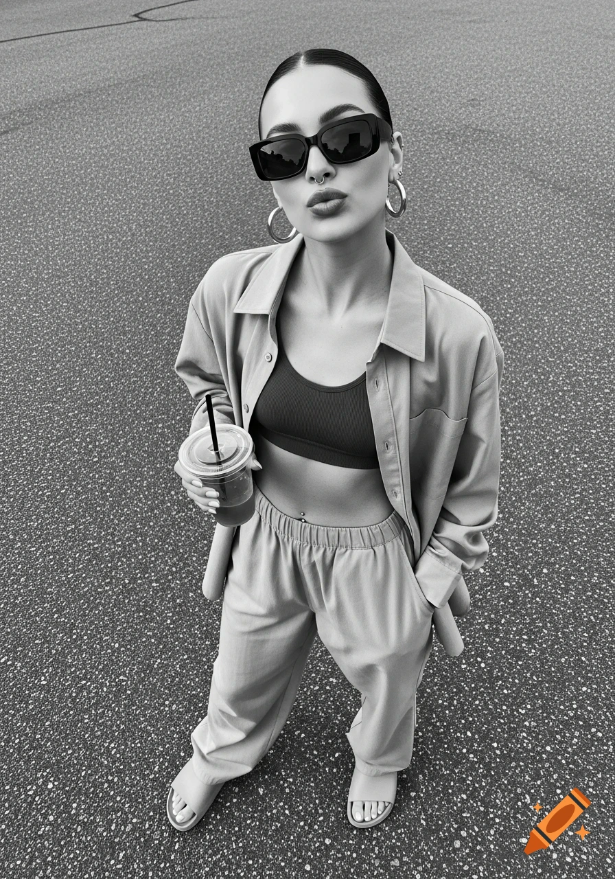 Black-and-white high-angle selfie of a woman in sunglasses, unbuttoned shirt, bralette, and pants, holding a drink on asphalt.