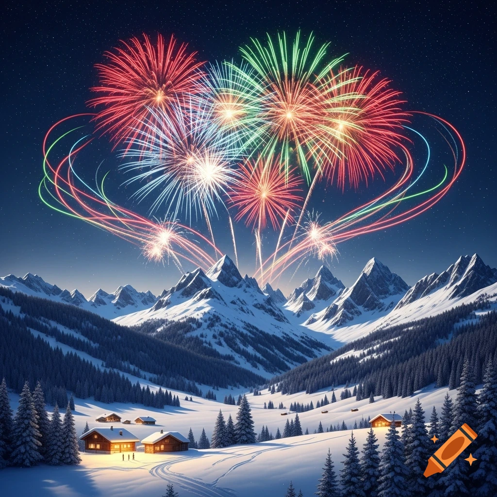 Colorful fireworks illuminate a snowy mountain valley with glowing cabins and fir trees under a starry night sky.