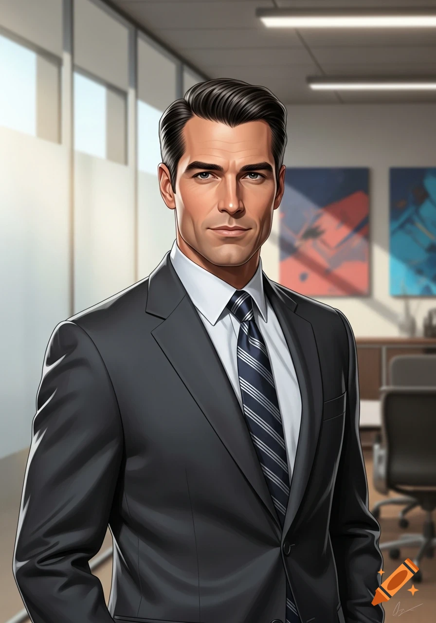 A serious man in a dark suit and striped tie stands in a blurred office setting, looking directly forward.