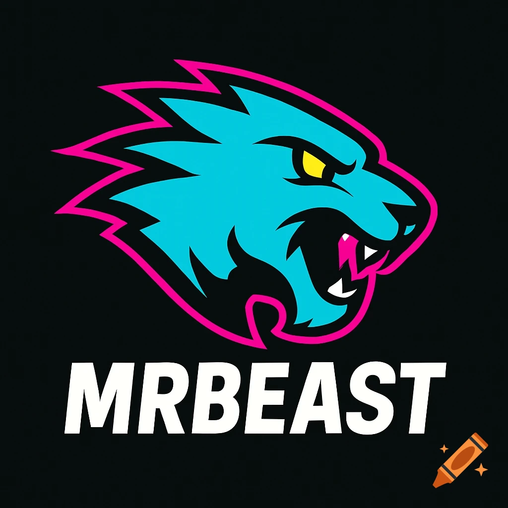 The MrBeast logo featuring a fierce, stylized blue panther head with a pink outline and the word MRBEAST in white below it, all on a black background.