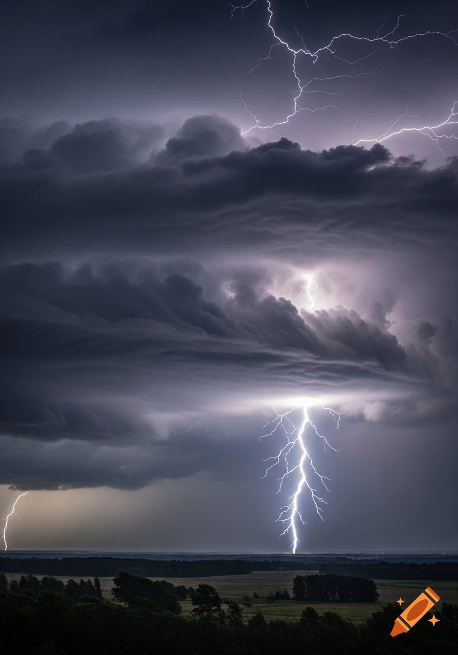 A dramatic photorealistic image of multiple bright lightning bolts striking down from dark, stormy clouds over a field and forest at dusk.