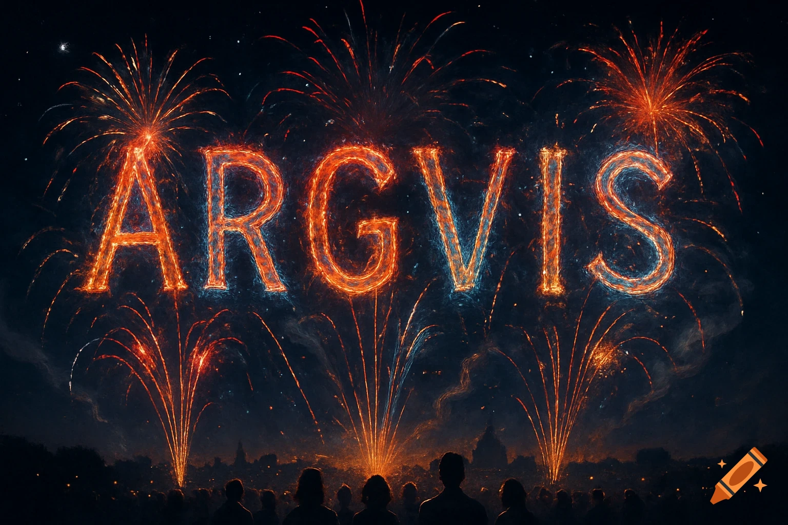 Photorealistic image of fireworks spelling 'ARGVIS' in the night sky, with silhouettes of a crowd watching below.