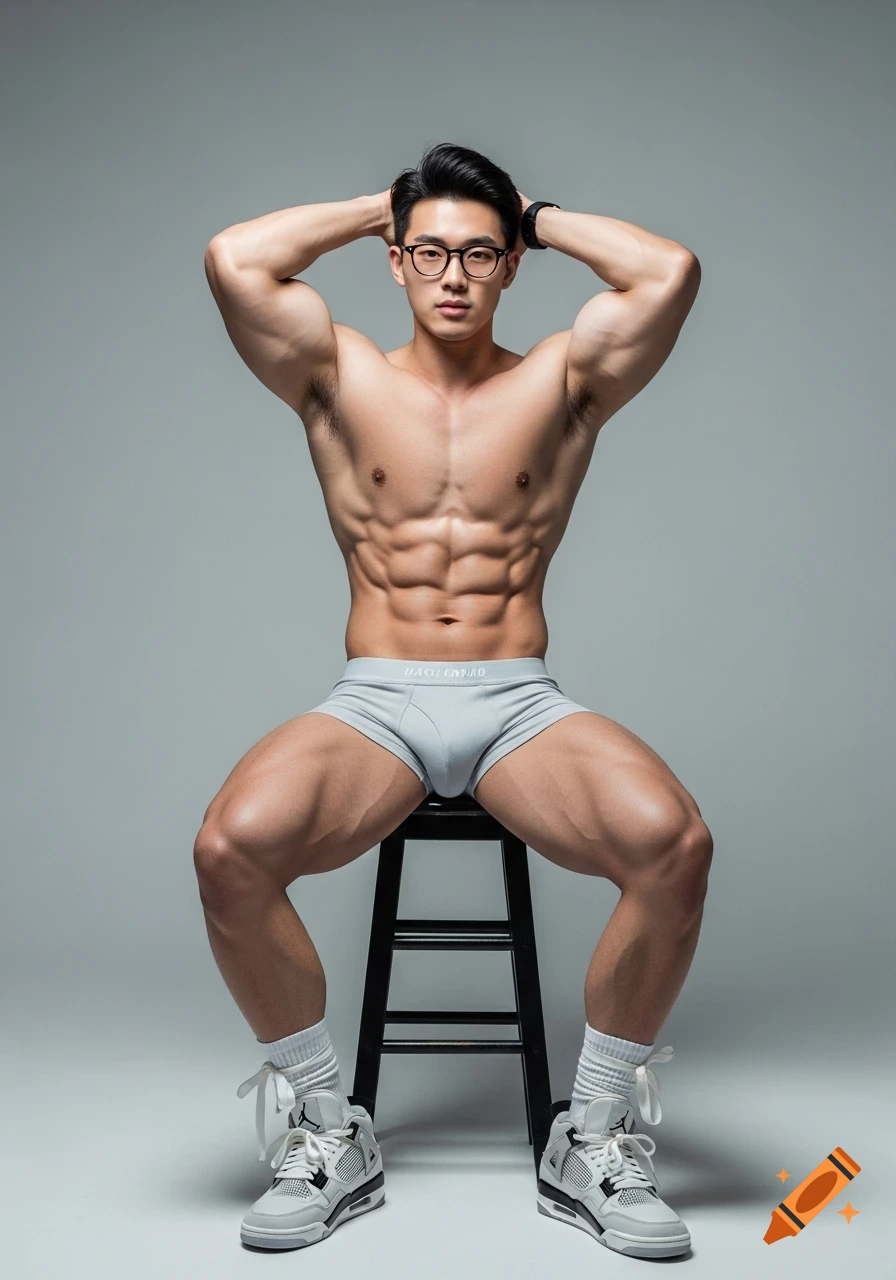 A muscular East Asian man with glasses and stubble, wearing light gray briefs, white socks, and sneakers, sits on a stool with hands behind his head against a gray background. Photorealistic style.