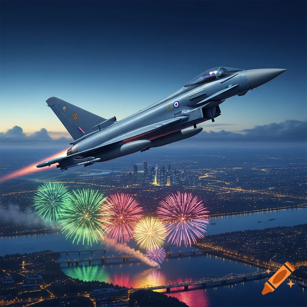 A grey fighter jet soars over a sprawling city lit up at night, with colorful fireworks exploding below, reflecting on the river.