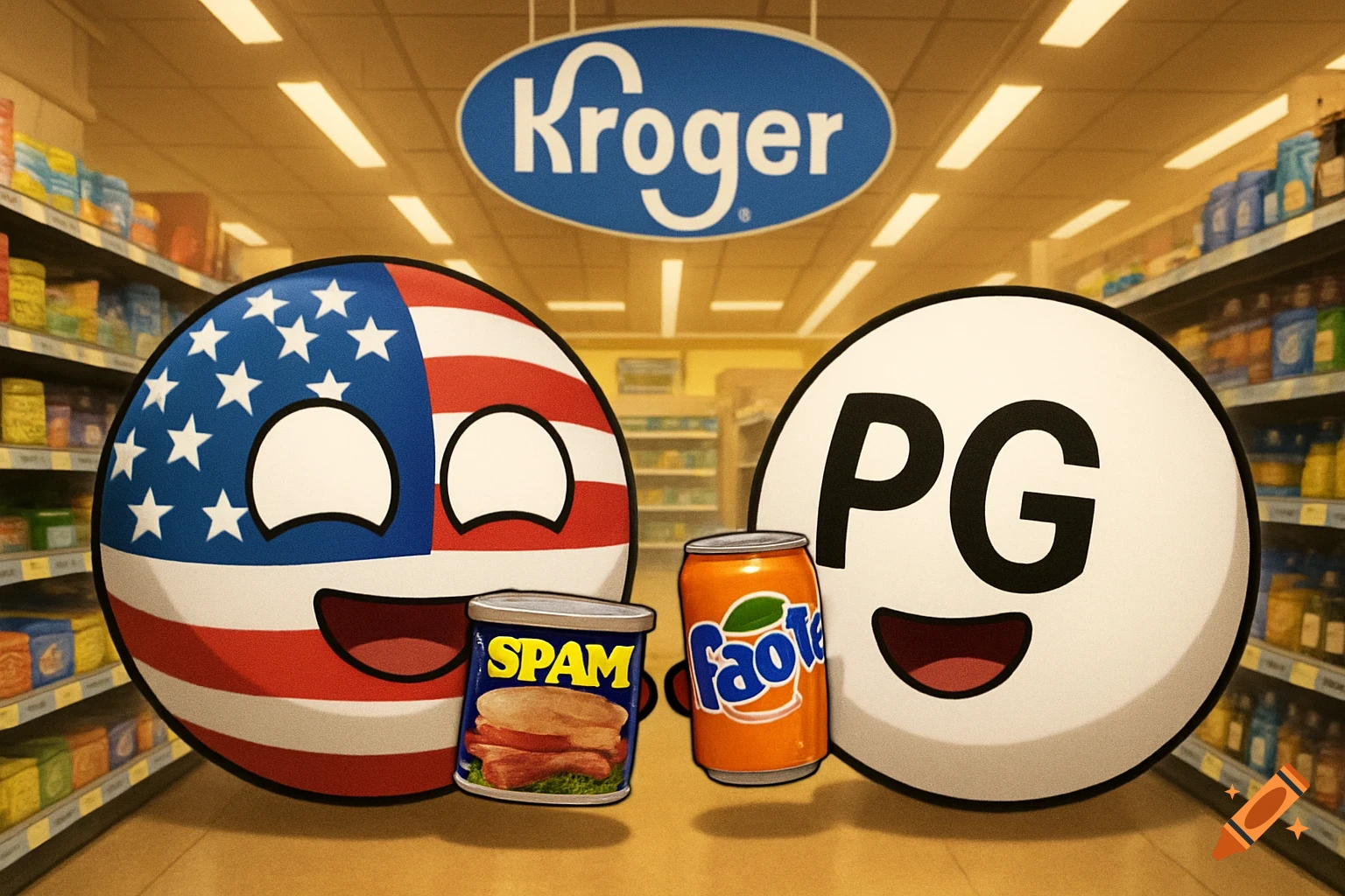 USA countryball and a white 'PG' countryball in a Kroger supermarket, holding a Spam can and an orange soda can.