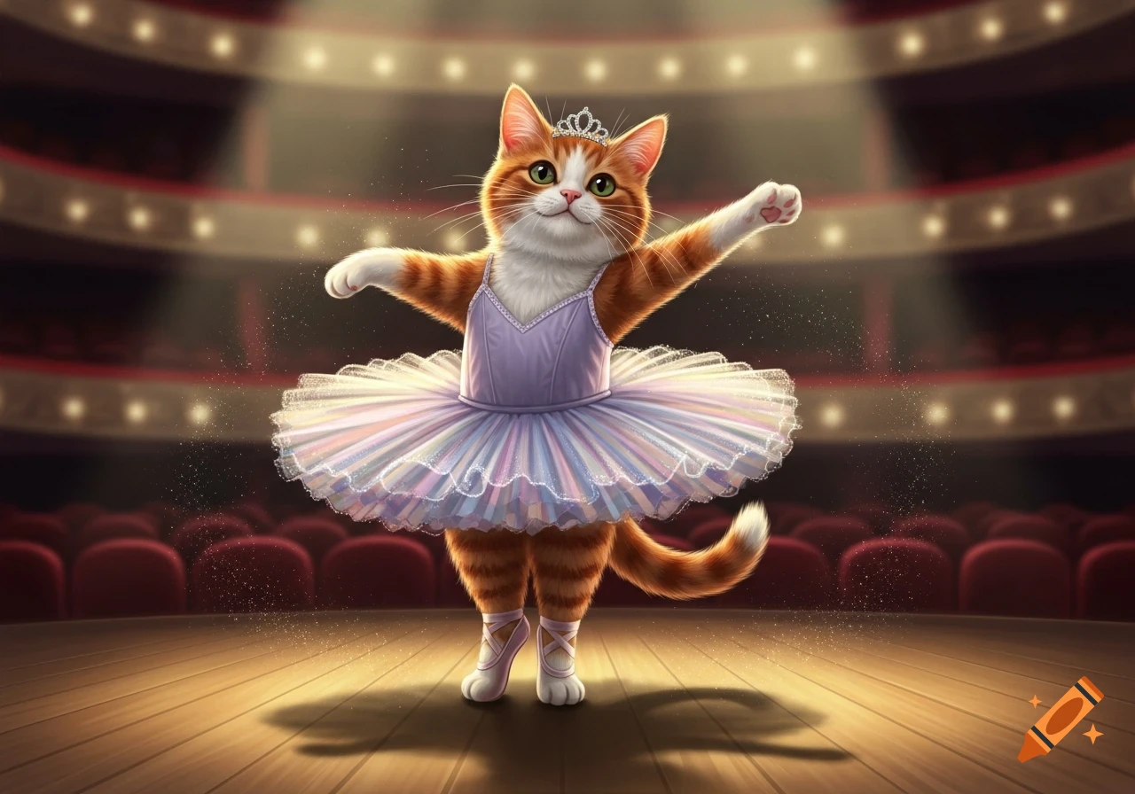 A cute animated orange and white cat wearing a lavender ballet tutu and crown, standing on a stage with arms outstretched, performing ballet.