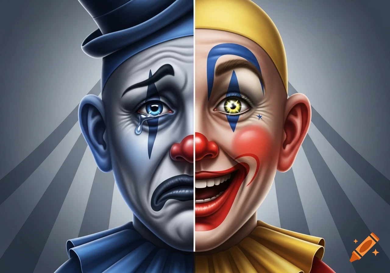 Drawing of a clown face split in half; the left side is a sad, crying clown in blue, and the right side is a happy, smiling clown in yellow and red.