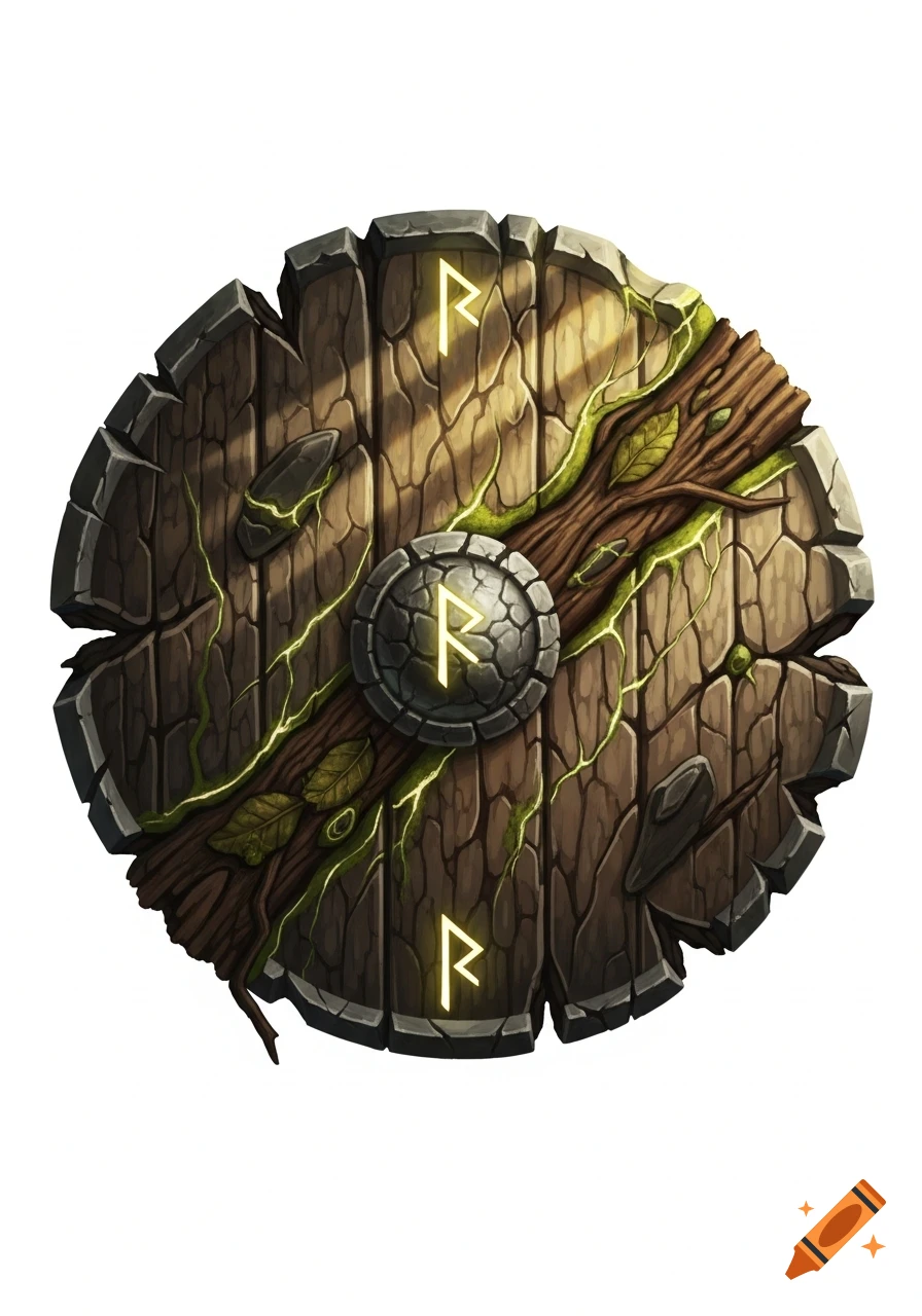 A circular, rustic wooden shield with stone segments, intertwining branches, green moss, and glowing yellow rune symbols.