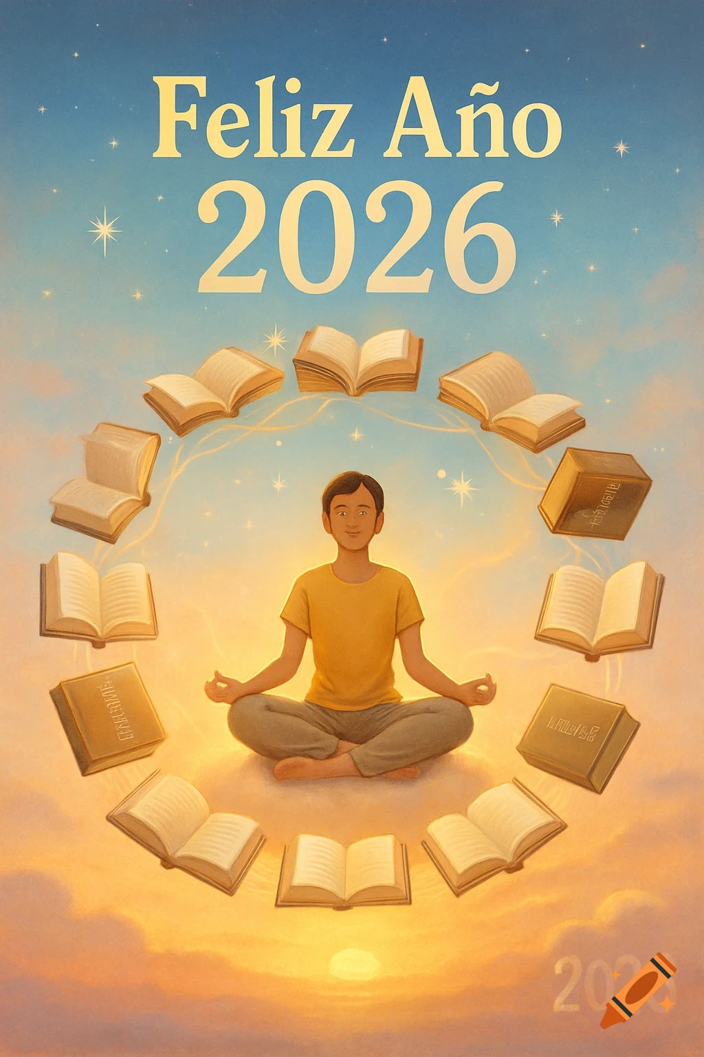 A person meditating in the lotus position on a cloud, surrounded by floating open books, with "Feliz Año 2026" text above and a sunrise below.