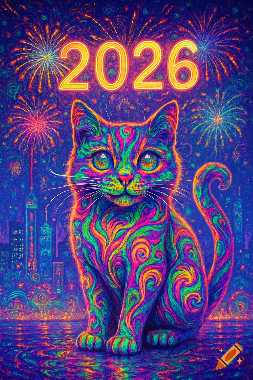 Vibrant psychedelic cat sits before a city skyline with colorful fireworks and '2026' in the night sky.