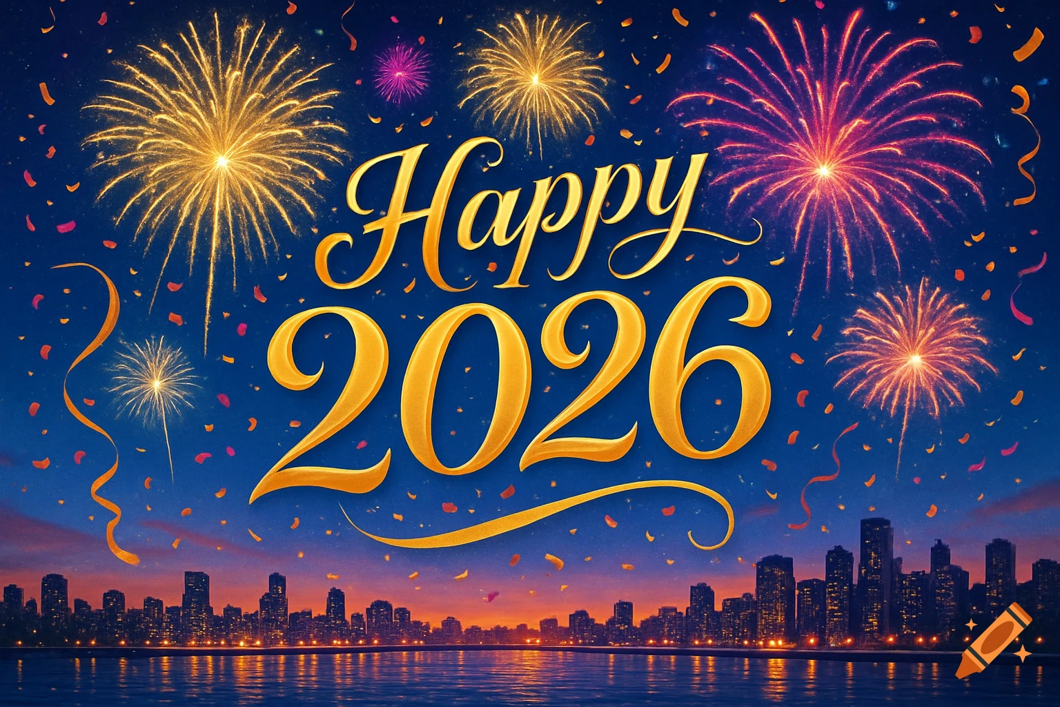 Golden "Happy 2026" text over a city skyline with colorful fireworks reflecting on the water at night.