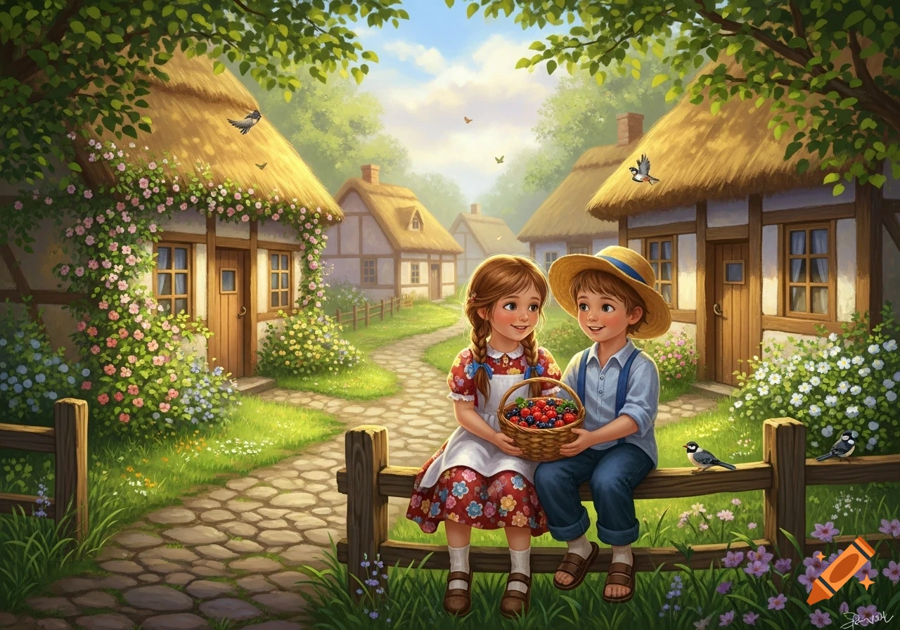 Charming illustration of two kids sitting on a fence in a village, holding berries, surrounded by houses and flowers.