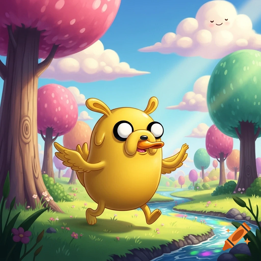 Cartoon Jake from Adventure Time, reimagined as a yellow duck, happily walking through a colorful, whimsical forest with a flowing river.