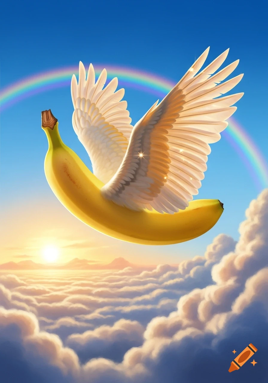 A whimsical yellow banana with white feathered wings flies through a bright blue sky above clouds, with a rainbow arching and a sunset in the background.