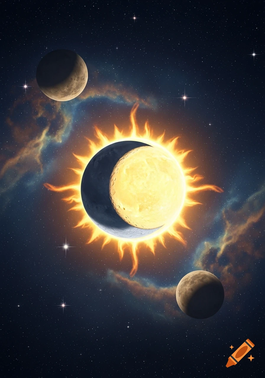 Partial solar eclipse with a glowing sun, dark moon, two planets, and stars in a colorful nebula.