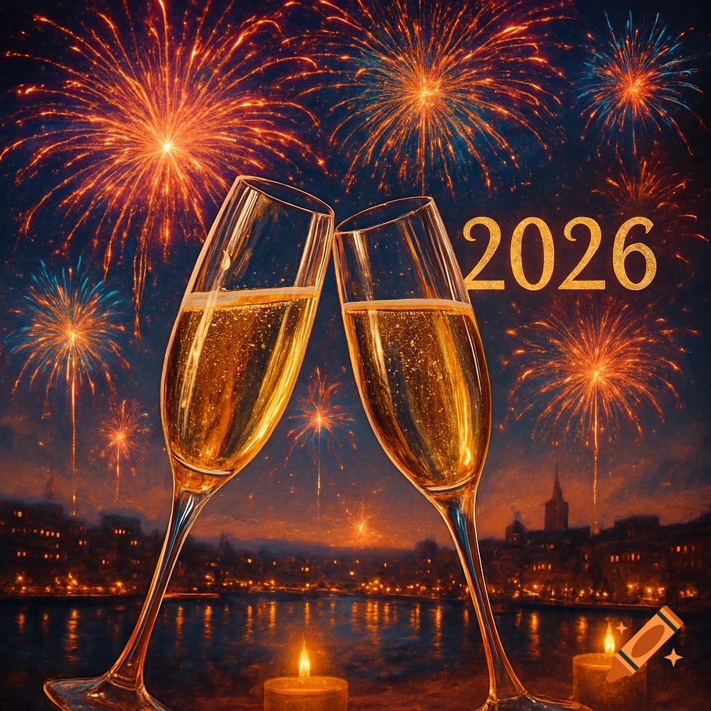 Two champagne glasses clinking against a backdrop of vibrant fireworks over a city skyline at night, with the year 2026.