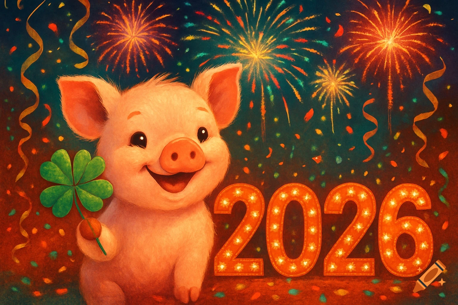 A cute, smiling pig holds a four-leaf clover, celebrating New Year's Eve with fireworks, confetti, and the glowing year '2026'.