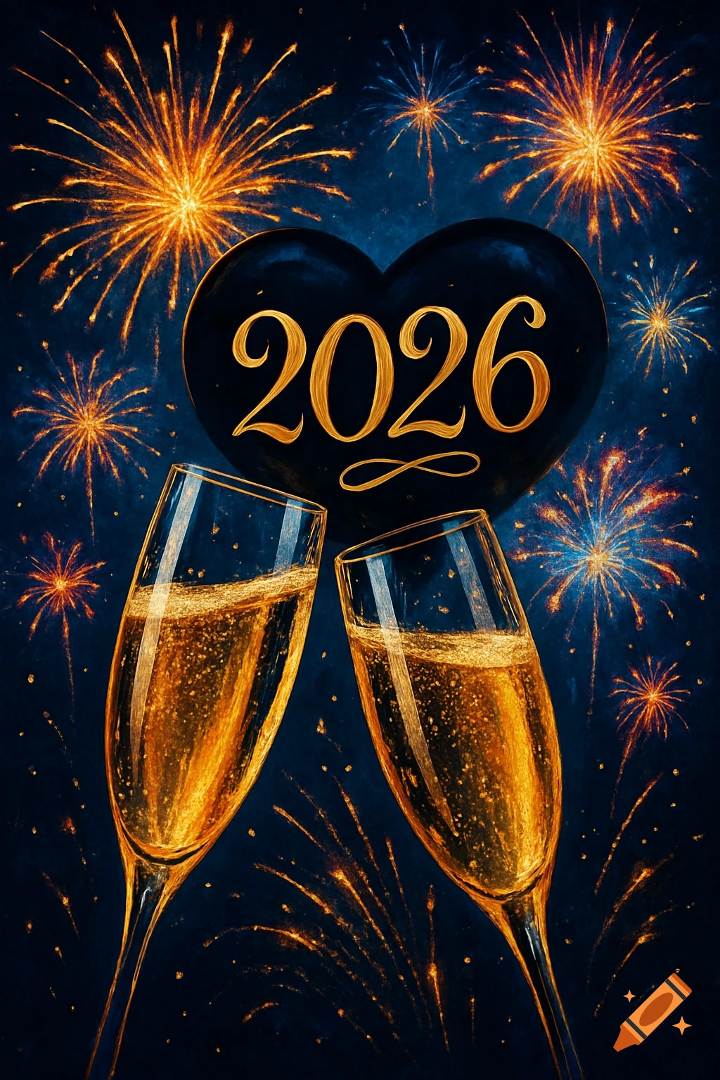 Two champagne glasses clinking in front of golden fireworks and a black heart with "2026" against a dark blue sky.