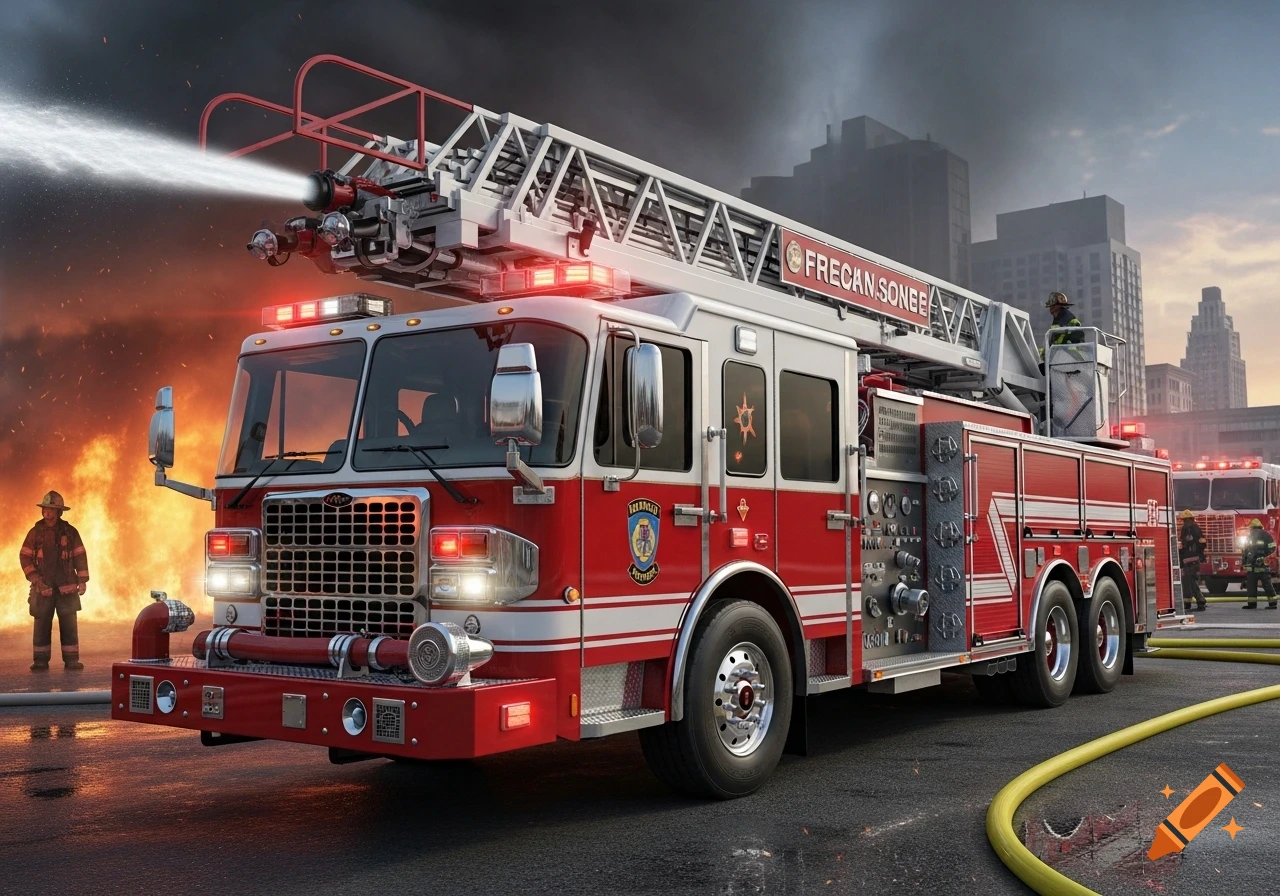Photorealistic red and white fire truck with an extended ladder spraying water, attended by firefighters at a fire scene with city buildings.