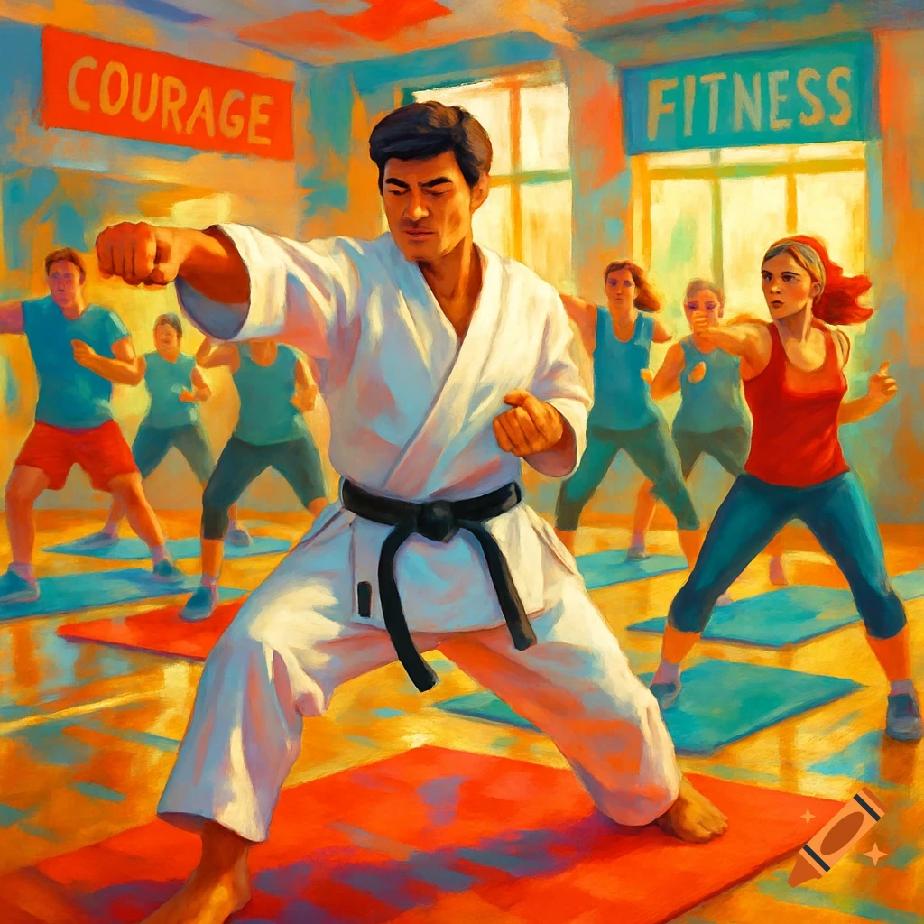 A man in a white karate gi punches forward in a bright, painterly gym scene, with others exercising in the background.