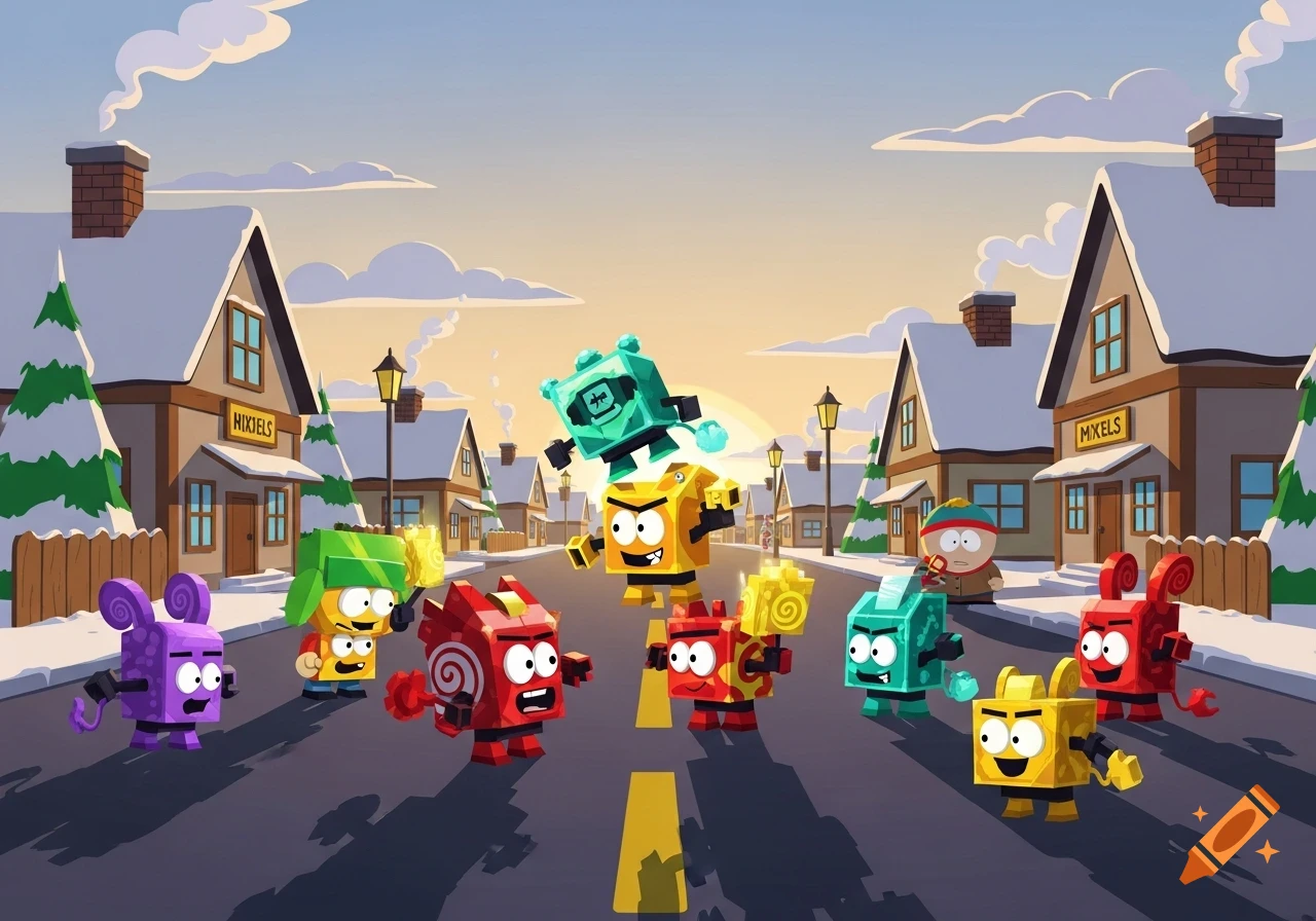 Animated scene featuring colorful block-like Mixels and Cartman from South Park on a snowy town street at sunset.