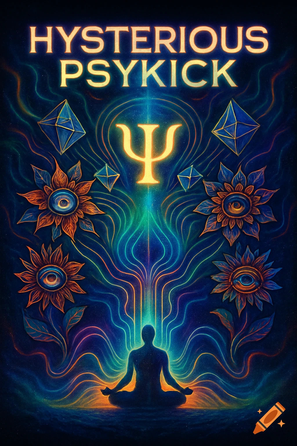 A psychedelic album cover with a meditating silhouette, glowing psi symbol, geometric shapes, and eye-motif flowers amidst colorful cosmic energy lines. Text reads "HYSTERIOUS PSYKICK".