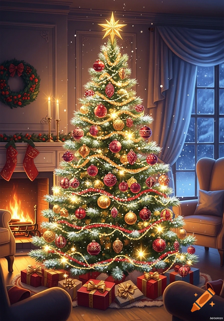 A festive Christmas tree adorned with red and gold ornaments, lights, and presents, set in a cozy room with a lit fireplace and a snowy window.