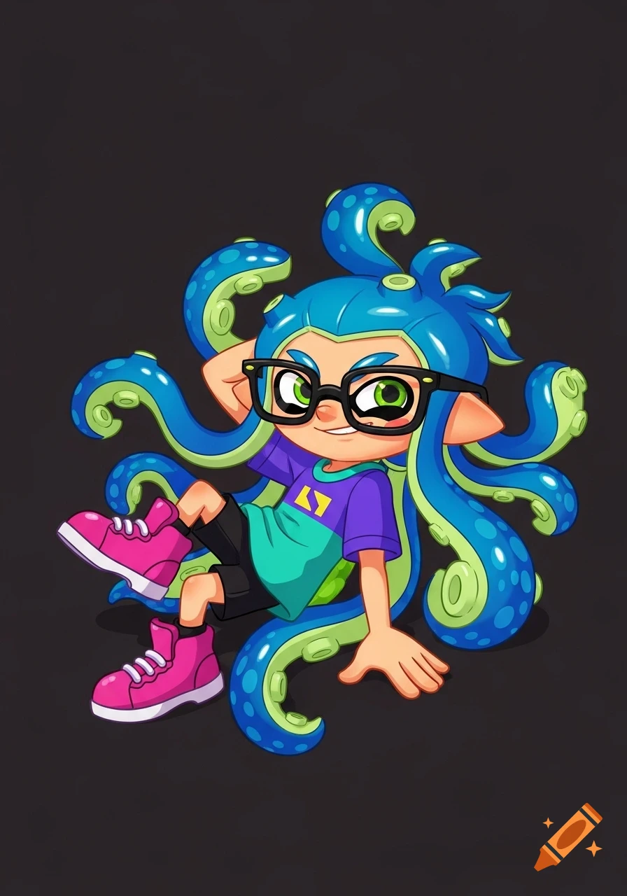 A happy Splatoon Octoling character with blue and green tentacles, black glasses, a teal and purple shirt, and pink shoes, lies on a dark background in 2D cartoon style.