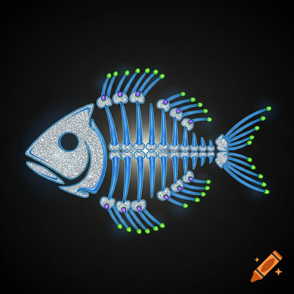 A stylized fish skeleton made of sparkling silver glitter and glowing blue bones, with green and purple accents, on a black background.
