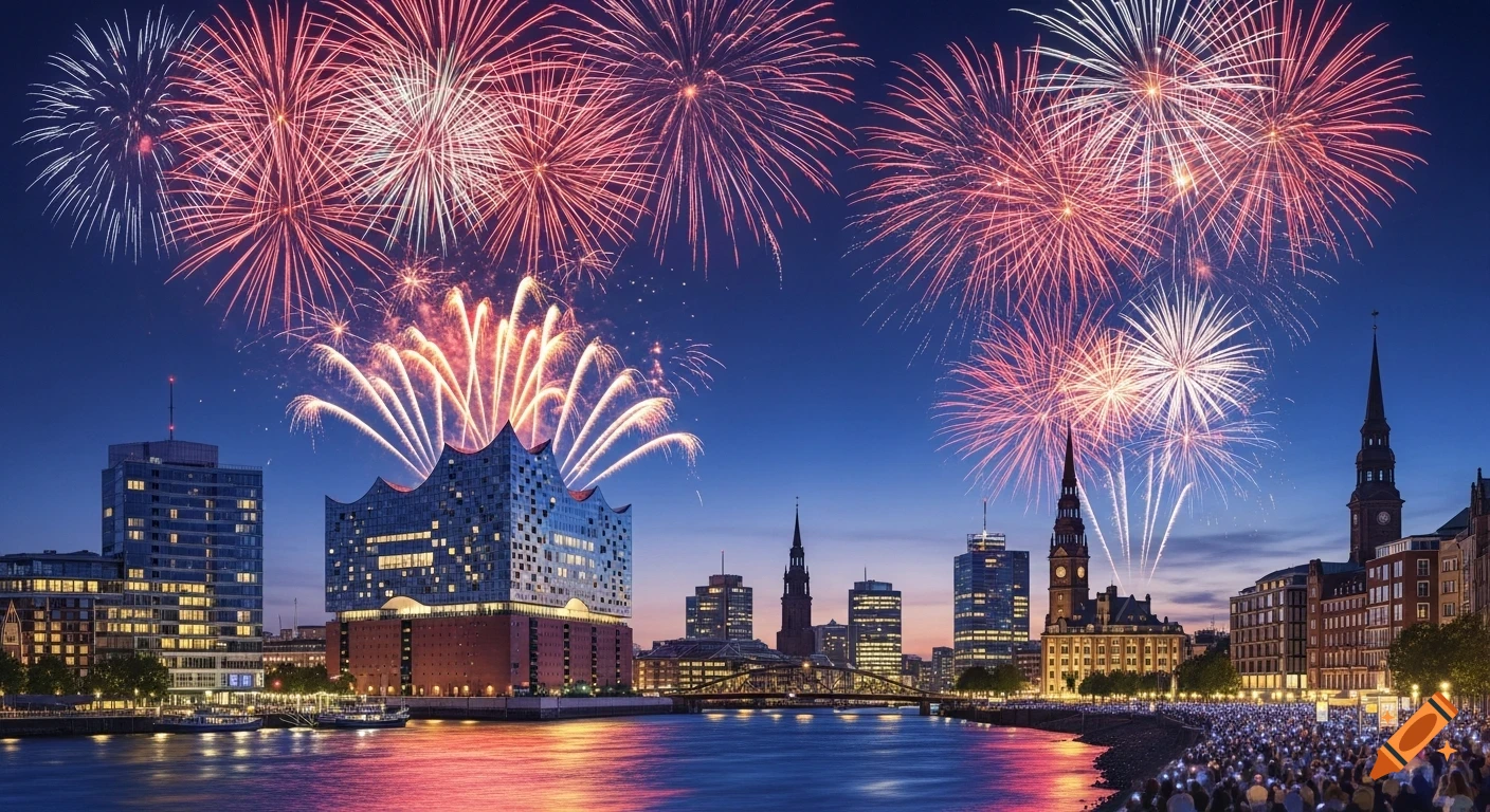 Photorealistic night view of the Hamburg city skyline with fireworks over the river and a crowd watching from the bank.