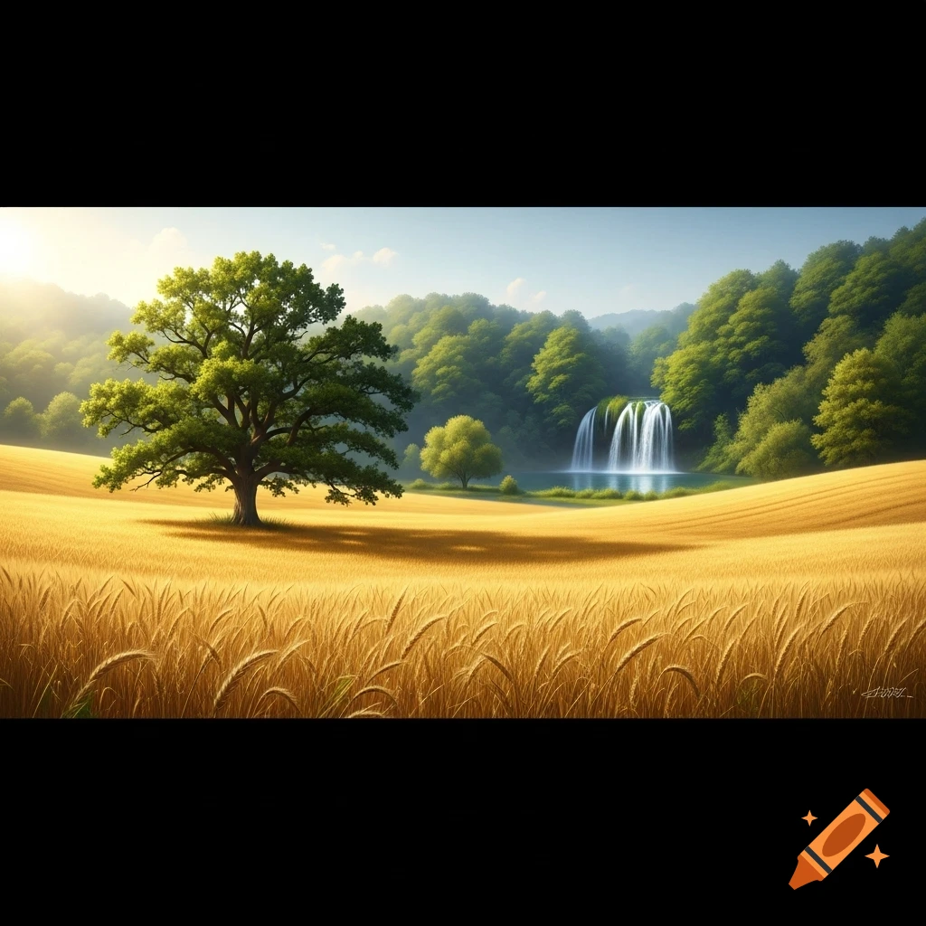 Panoramic view of golden wheat fields, a large green tree, and a lush forest with a waterfall under a bright sky.