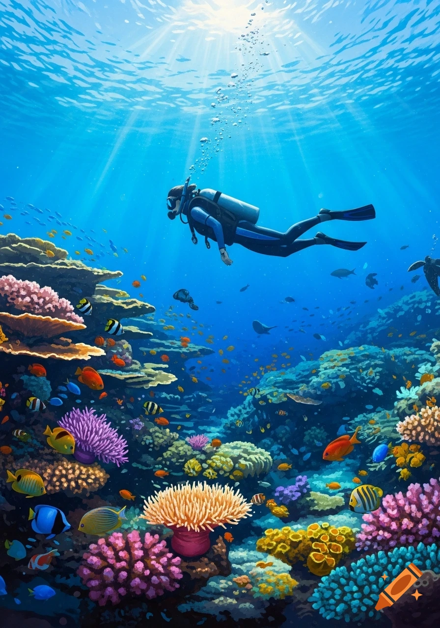 A vibrant illustration of a scuba diver exploring a colorful coral reef teeming with diverse fish under sunlit water.