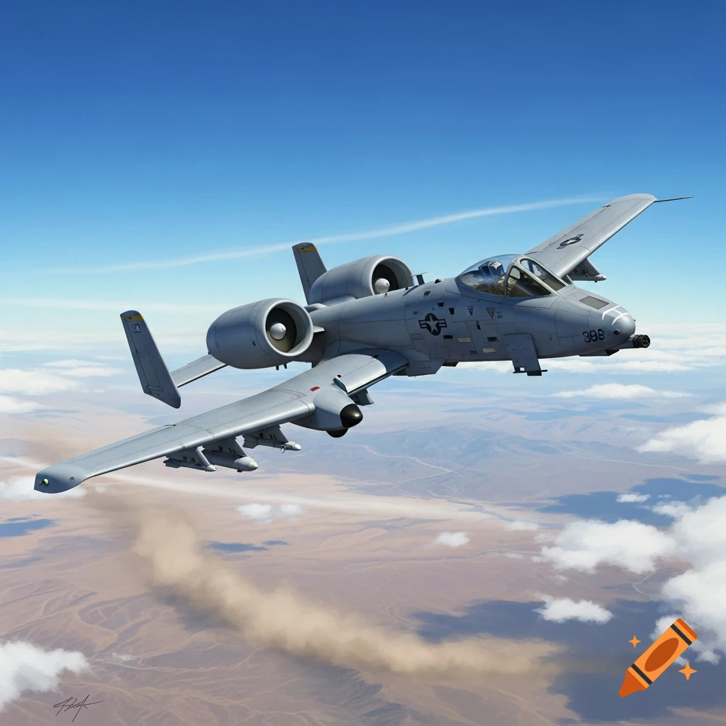 A gray A-10 Thunderbolt II military aircraft flies over a desert landscape with scattered clouds under a clear blue sky.