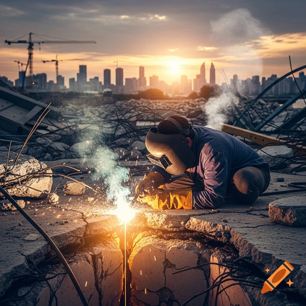 A welder in a mask and gloves kneels, welding a glowing crack in broken concrete with a city skyline at sunset in the background.