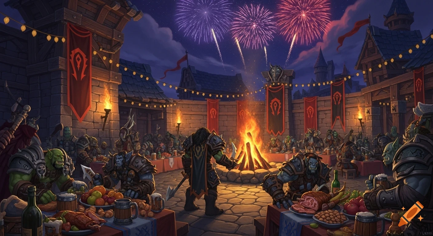 World of Warcraft Horde orcs feast in a stone courtyard under fireworks at night, in an illustrative style.