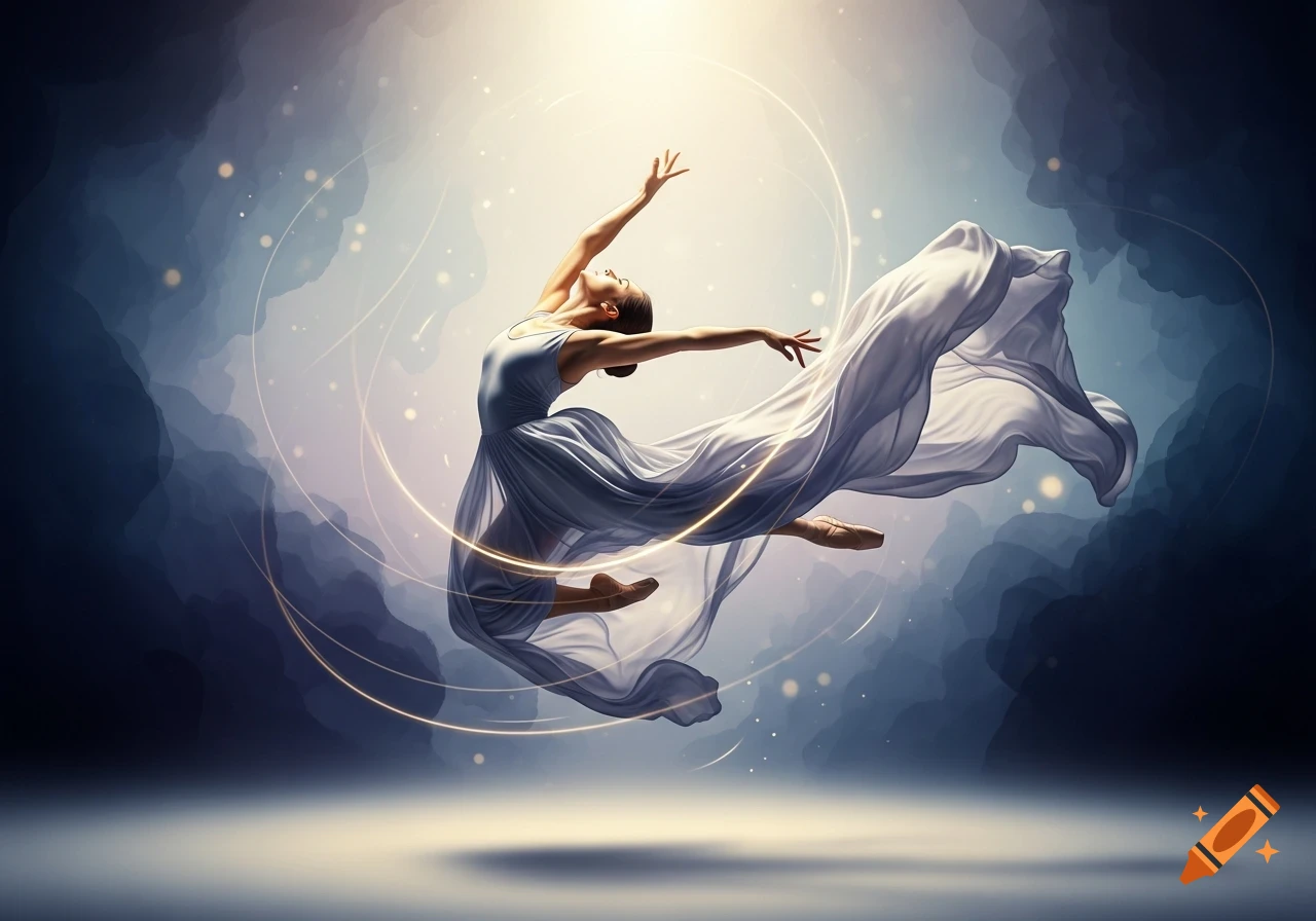 A graceful ballet dancer in a flowing dress leaps against an ethereal, sparkling dark blue and white background with glowing light trails.