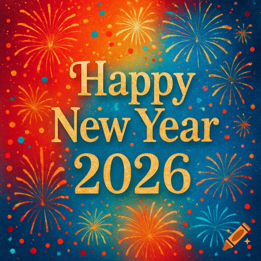 A vibrant digital greeting card with 'Happy New Year 2026' text, surrounded by colorful fireworks against a red and blue textured background.