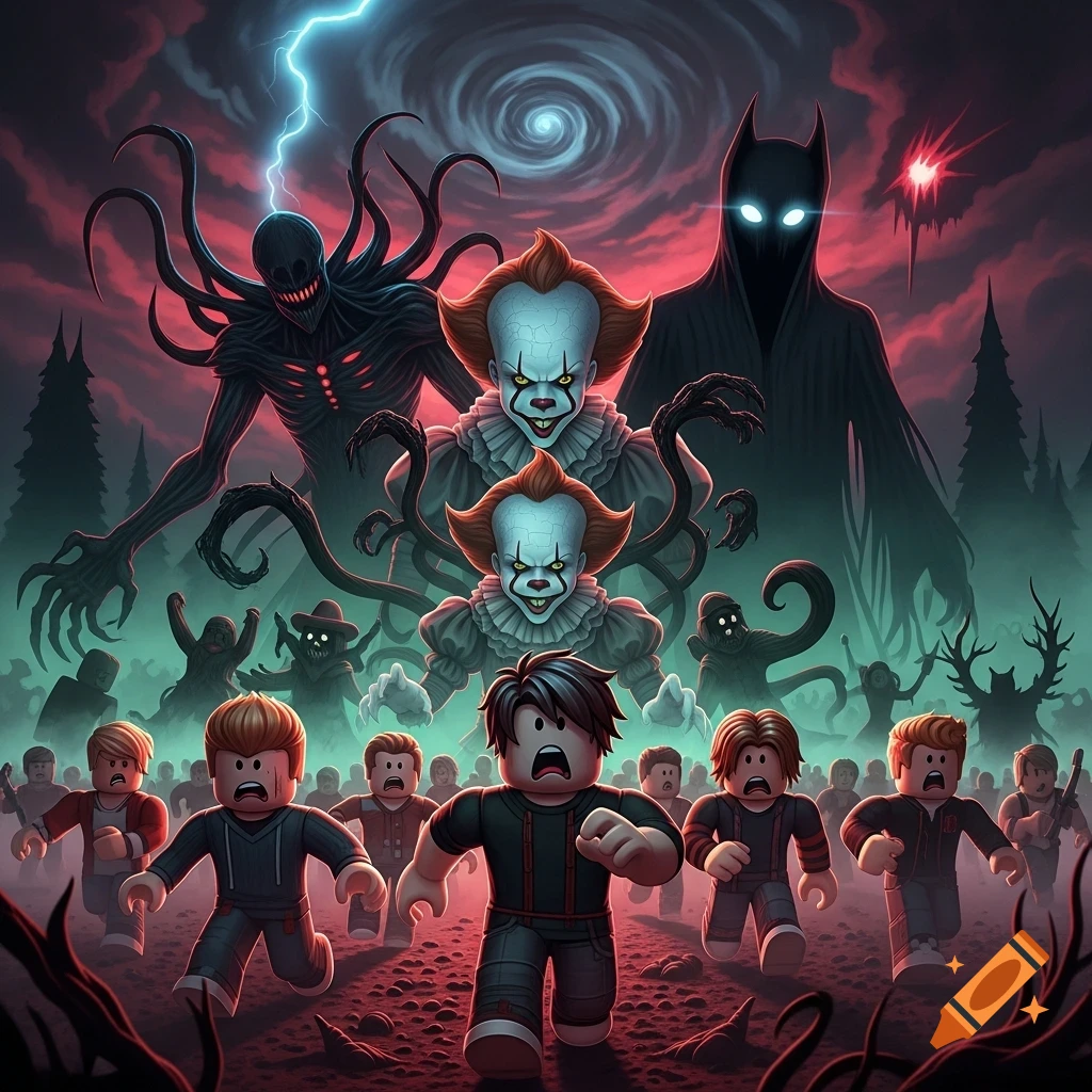 Roblox characters flee in terror from Pennywise, a Mind Flayer, and other dark monsters under a stormy red sky.
