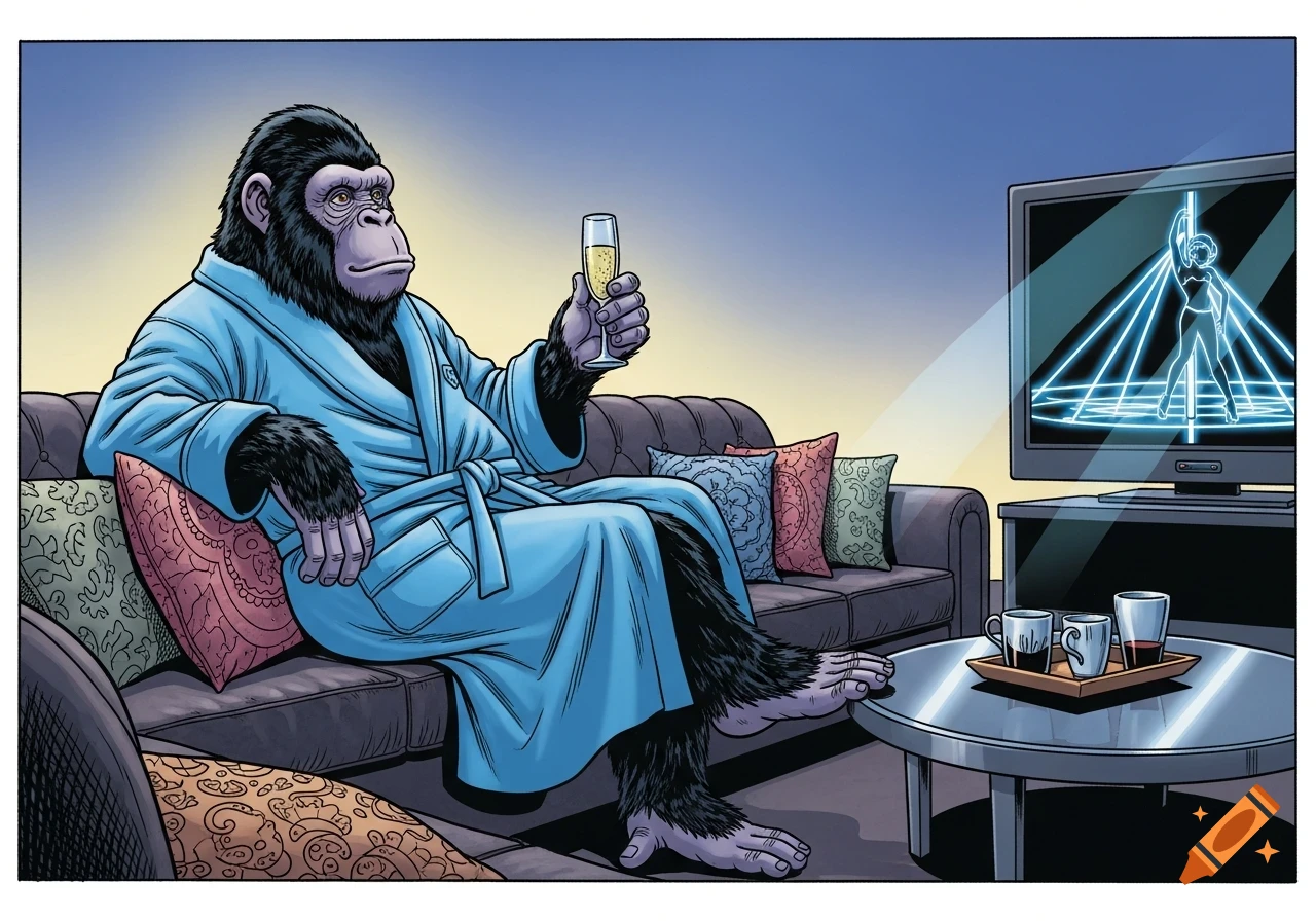 A comic art illustration of a chimpanzee in a blue bathrobe holding champagne, watching a pole dancer silhouette on TV in a living room.